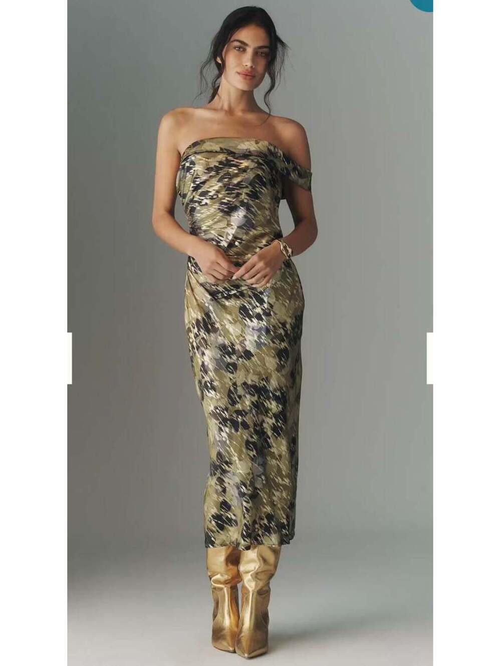 Anthropologie "One-Shoulder Printed Slim Midi Dress in Green/Gold" NWT (Size XL)